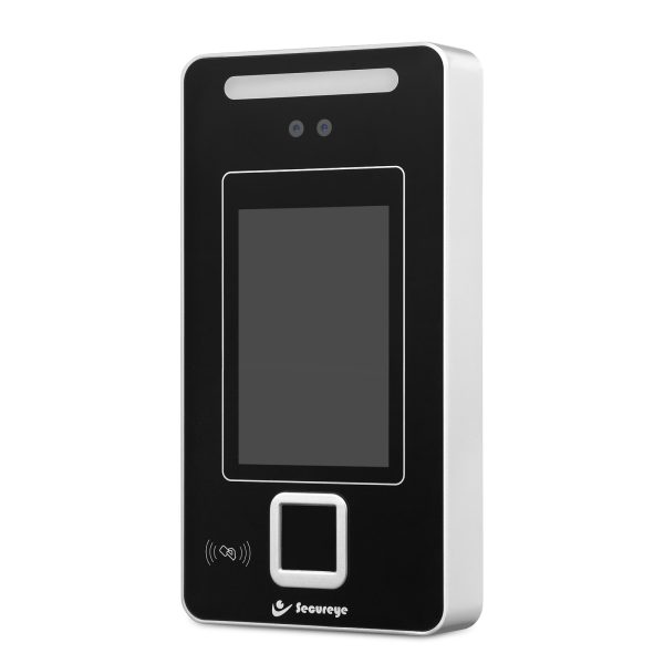 Worker using Secureye AiFace 3000 face and fingerprint attendance device at factory gate or large government office entrance in India